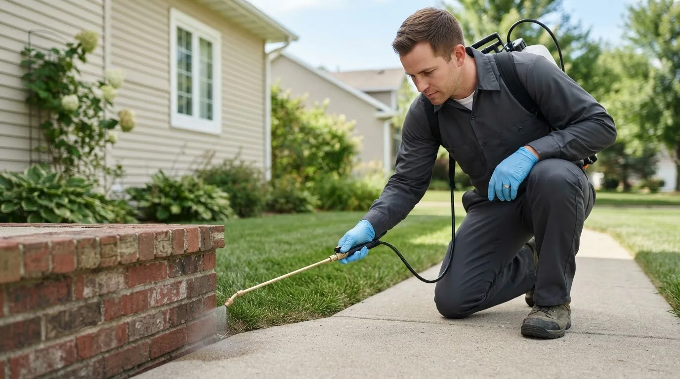 Pest control technician treating a home near Lunenburg, VA